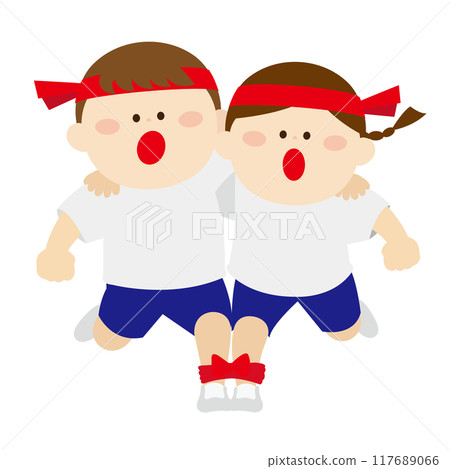 運動日,孩子們戴著紅色頭帶,三條腿一起跑步 運動日,孩子們戴著紅色頭帶,三條腿一起跑步 117689066