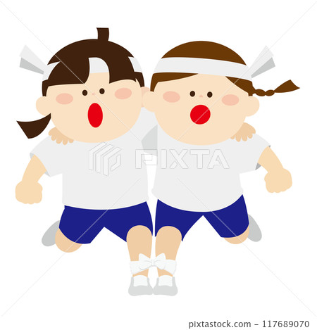 運動日，戴著白色頭帶的孩子三腳一起跑步 117689070