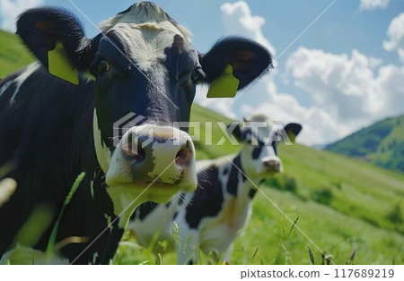 Cows on the pasture, black and white cows with yellow tags in their ears, blue sky with clouds, green grassy field 117689219
