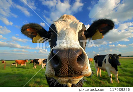 Cows on the pasture, black and white cows with yellow tags in their ears, blue sky with clouds, green grassy field Cows on the pasture, black and white cows with yellow tags in their ears, blue sky with clouds, green grassy field 117689226