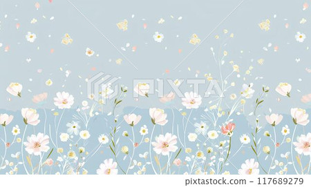 pattern with a digital illustration of tiny flowers in pastel hues floating against a light blue background pattern with a digital illustration of tiny flowers in pastel hues floating against a light blue background 117689279