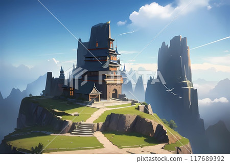 遊戲背景:天空雲層中被摧毀的東方城市廢墟留下的首都 遊戲背景:天空雲層中被摧毀的東方城市廢墟留下的首都 117689392