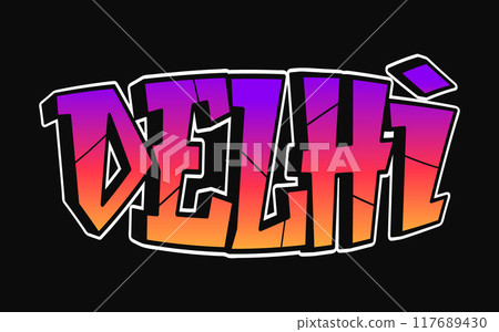 Delhi - single word, letters graffiti style. Vector hand drawn logo. Funny cool trippy word Delhi, fashion, graffiti style print t-shirt, poster concept Delhi - single word, letters graffiti style. Vector hand drawn logo. Funny cool trippy word Delhi, fashion, graffiti style print t-shirt, poster concept 117689430
