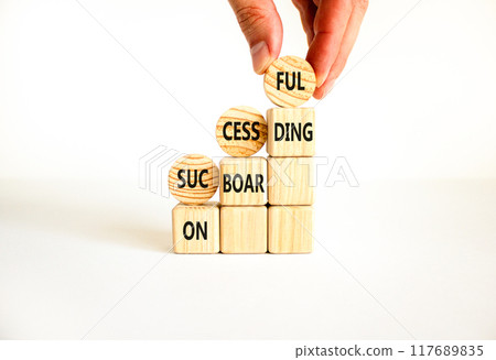 Successful onboarding symbol. Concept word Successful onboarding on wooden circles. Beautiful white background. Businessman hand. Business successful onboarding concept. Copy space. 117689835