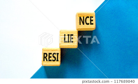 Resilience symbol. Concept word Resilience on beautiful wooden blocks. Beautiful blue and white background. Business resilience concept. Copy space. 117689840