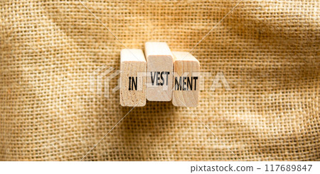 Investment symbol. Concept word Investment on beautiful wooden blocks. Beautiful canvas background. Business investment concept. Copy space. 117689847