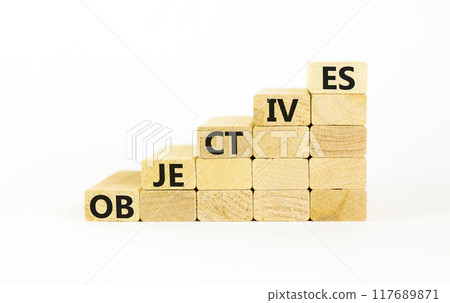 Objectives symbol. Concept word Objectives on beautiful wooden blocks. Beautiful white background. Business objectives concept. Copy space. Objectives symbol. Concept word Objectives on beautiful wooden blocks. Beautiful white background. Business objectives concept. Copy space. 117689871