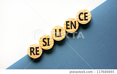 Resilience symbol. Concept word Resilience on beautiful wooden circles. Beautiful white and blue background. Business resilience concept. Copy space. Resilience symbol. Concept word Resilience on beautiful wooden circles. Beautiful white and blue background. Business resilience concept. Copy space. 117689893