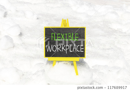 Flexible workplace symbol. Concept words Flexible workplace on beautiful yellow blackboard. Beautiful white snow background. Business Flexible workplace concept. Copy space. Flexible workplace symbol. Concept words Flexible workplace on beautiful yellow blackboard. Beautiful white snow background. Business Flexible workplace concept. Copy space. 117689917