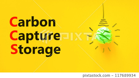 CCS Carbon capture storage symbol. Concept words CCS Carbon capture storage on beautiful yellow paper. Beautiful yellow paper background. Business ecological Carbon capture storage concept. Copy space 117689934