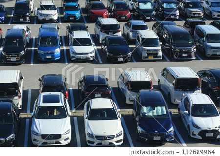 Cars parked in a flat parking lot 117689964