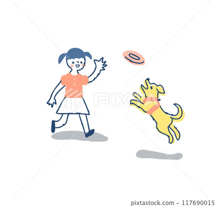 Dog and girl playing frisbee 117690015