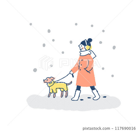 A woman walking her dog on a snowy day A woman walking her dog on a snowy day 117690016