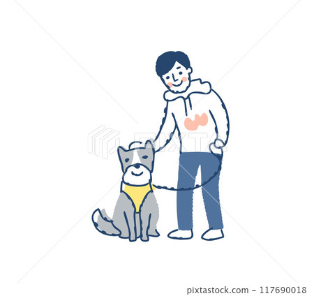 Sitting dog and its male owner Sitting dog and its male owner 117690018