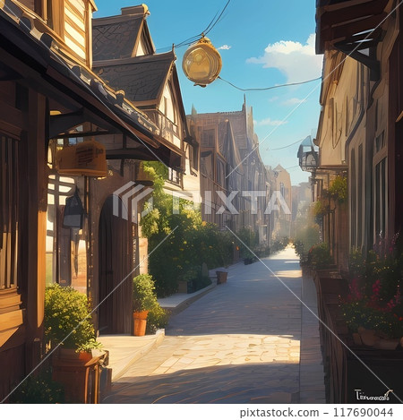 Fantasy game city entrance with cobblestone streets 117690044