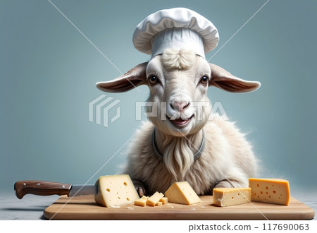 cute goat cutting fresh goat natural cheese cute goat cutting fresh goat natural cheese 117690063