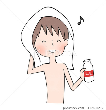 Illustration of a man drinking milk after a bath 117690212