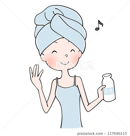 Illustration of a woman drinking milk after a bath 117690215