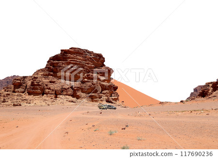 Wadi Rum Desert also known as The Valley of the Moon (carved on white background) -- is a valley cut into the sandstone and granite rock in southern Jordan 60 km to the east of Aqaba Wadi Rum Desert also known as The Valley of the Moon (carved on white background) -- is a valley cut into the sandstone and granite rock in southern Jordan 60 km to the east of Aqaba 117690236