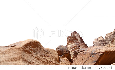 Mountains of Wadi Rum Desert also known as The Valley of the Moon is a valley cut into the sandstone and granite rock in southern Jordan 60 km to the east of Aqaba (carved on white background) Mountains of Wadi Rum Desert also known as The Valley of the Moon is a valley cut into the sandstone and granite rock in southern Jordan 60 km to the east of Aqaba (carved on white background) 117690281