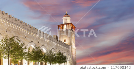King Hussein Bin Talal mosque in Amman (at night), Jordan.  Against the background of a beautiful sky with clouds 117690343