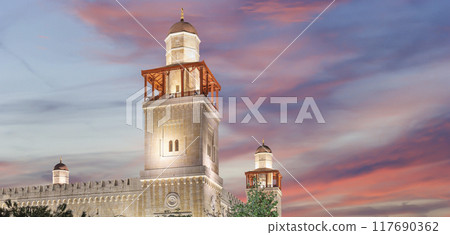 King Hussein Bin Talal mosque in Amman (at night), Jordan.  Against the background of a beautiful sky with clouds 117690362