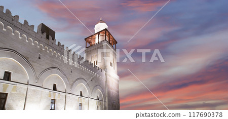 King Hussein Bin Talal mosque in Amman (at night), Jordan.  Against the background of a beautiful sky with clouds 117690378