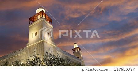 King Hussein Bin Talal mosque in Amman (at night), Jordan.  Against the background of a beautiful sky with clouds 117690387