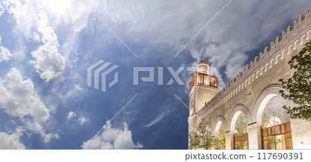 King Hussein Bin Talal mosque in Amman (at night), Jordan.  Against the background of a beautiful sky with clouds King Hussein Bin Talal mosque in Amman (at night), Jordan.  Against the background of a beautiful sky with clouds 117690391