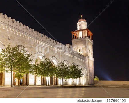 King Hussein Bin Talal mosque in Amman (at night), Jordan.  Against the background of a beautiful sky with clouds 117690403