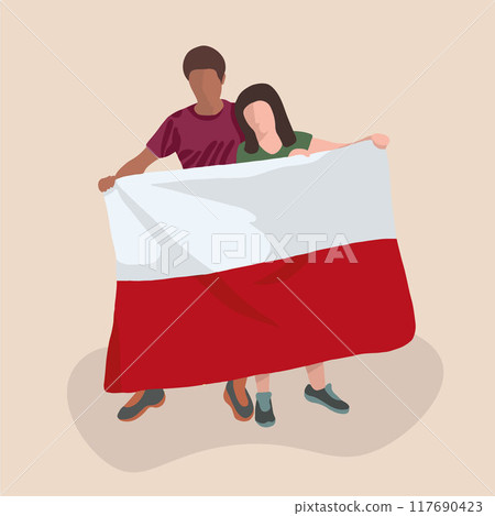 A vector isolated illustration of two people holding the Polish flag. A vector isolated illustration of two people holding the Polish flag. 117690423