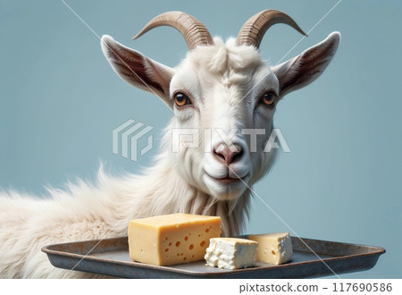 cute goat with dairy natural products on tray 117690586