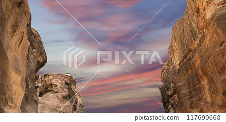 Mountains of Petra, Jordan, Middle East. Petra has been a UNESCO World Heritage Site since 1985 Mountains of Petra, Jordan, Middle East. Petra has been a UNESCO World Heritage Site since 1985 117690668