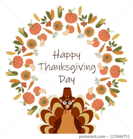Happy Thanksgiving Day cute Background with Turkey. Give thanks Flat illustration. Round Frame from Leaves pumpkins. Type lettering. Template for card banner invitation design. Vector illustration 117690751