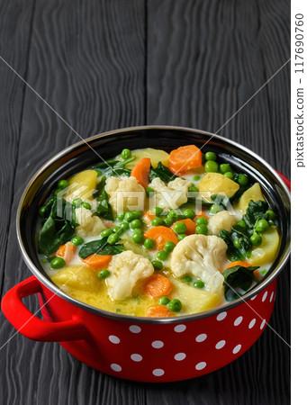 Kesakeitto, Finnish summer vegetable soup in a pot 117690760