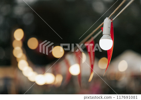 Lighten bulbs garland in the lanterns on a tree in the garden, garden plot decoration design Lighten bulbs garland in the lanterns on a tree in the garden, garden plot decoration design 117691081