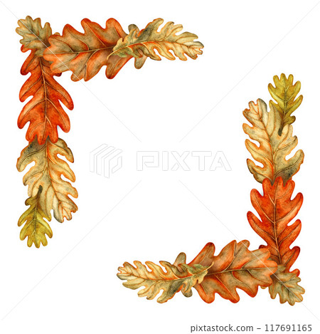 Border of autumn oak leaves. Watercolor illustration of a square template in orange, red, brown colors, hand drawn. Natural foliage texture for harvest festival, certificate, award, menu, invitations 117691165