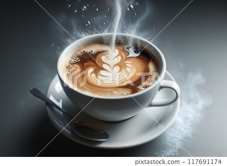 a cup of aromatic hot coffee and steam from milk 117691174