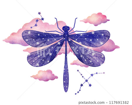 Cosmic cartoon composition with dragonflies, stars, clouds on white background Cosmic cartoon composition with dragonflies, stars, clouds on white background 117691382