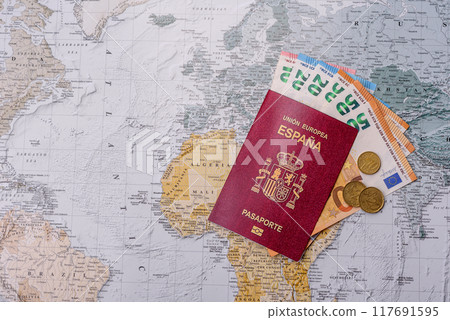 Conceptual background for travel with passport, magnifying glass, world map and money Conceptual background for travel with passport, magnifying glass, world map and money 117691595