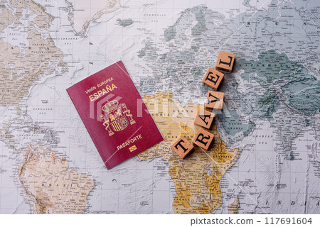 Conceptual background for travel with passport, magnifying glass, world map and money Conceptual background for travel with passport, magnifying glass, world map and money 117691604