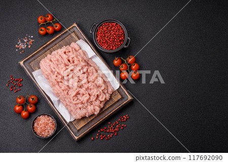 Fresh raw chicken mince with salt and spices Fresh raw chicken mince with salt and spices 117692090