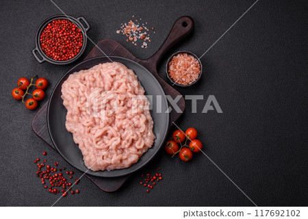 Fresh raw chicken mince with salt and spices Fresh raw chicken mince with salt and spices 117692102