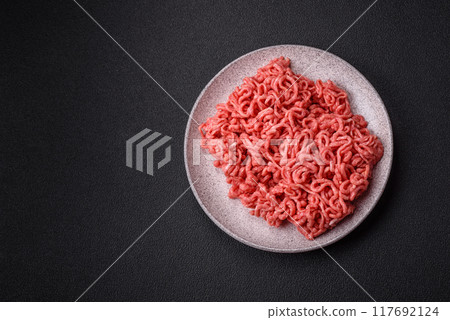 Fresh raw ground beef with salt and spices Fresh raw ground beef with salt and spices 117692124