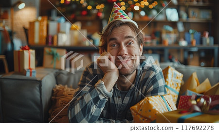 Happy or sad alone birthday at home concept. Happy or sad alone birthday at home concept. 117692278