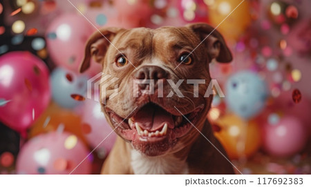 Cute fluffy dog with party hat , birthday party Cute fluffy dog with party hat , birthday party 117692383