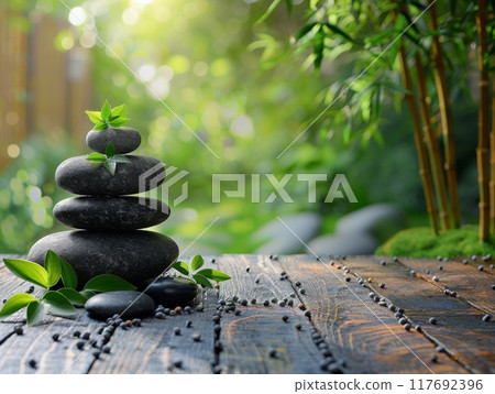 Photo of spa background with stones and bamboo leafs 117692396