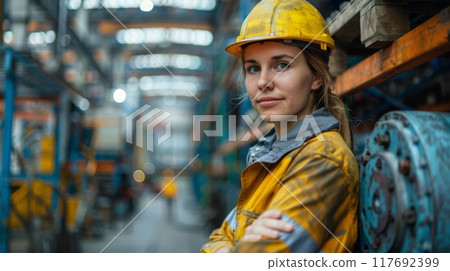 A female worker stands in a workshop against an industrial background. A female worker stands in a workshop against an industrial background. 117692399