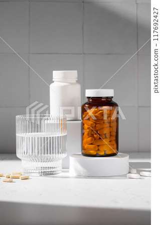 Food supplement concept. Capsules of probiotics, vitamins, white pills and a scoop of protein collagen powder.  117692427