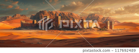 old Arab fortified city. in the background, sandy desert 117692489